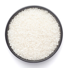 Macro Close up of organic white  sago or sabudana small size on  a black ceramic bowl, Top view