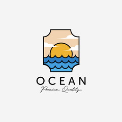 Label of Ocean Sunset Sunrise Line Art Logo, Illustration Design of Atlantic Marine, Horizon Vector Concept