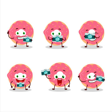 Photographer profession emoticon with strawberry donut cartoon character