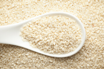 Macro Close up of Organic White  Sesame seeds(Sesamum indicum) polished or white Til without the shell on a white ceramic soup spoon. Top view