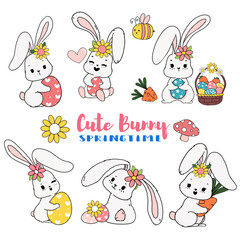 Cute Sweet Easter Bunny springtime with egg cartoon doodle collcection set