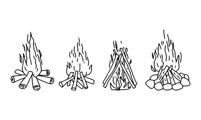 Set of different types of campfires. Hand drawn outline illustration in doodle style. Vector.