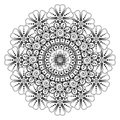 Doodle monochrome lace mandala pattern. Emblem luxury beauty spa, cosmetics, jewelry, hotel, restaurant. Wedding elegant outline frame. Vector floral luxury curve logo design. Round gold ornate frame.