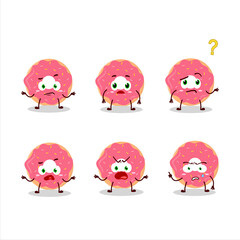 Cartoon character of strawberry donut with what expression