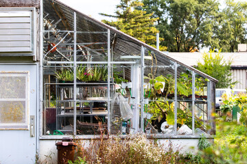 Fototapeta na wymiar vue de la façade d'une serre en verre avec un toit en angle en été