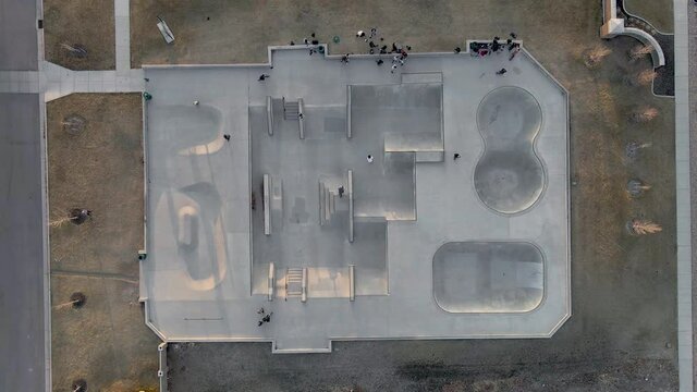 Skateboarding - Aerial View Of Skateboarders At Skatepark. 