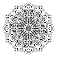 Doodle monochrome lace mandala pattern. Emblem luxury beauty spa, cosmetics, jewelry, hotel, restaurant. Wedding elegant outline frame. Vector floral luxury curve logo design. Round gold ornate frame.