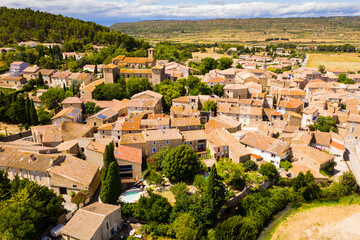 General view of commune of Fontcouverte in green valley of Alaric Mountain in southern France, Aude department