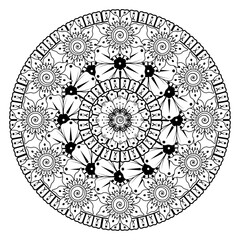 Doodle monochrome lace mandala pattern. Emblem luxury beauty spa, cosmetics, jewelry, hotel, restaurant. Wedding elegant outline frame. Vector floral luxury curve logo design. Round gold ornate frame.