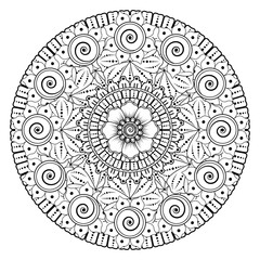 Doodle monochrome lace mandala pattern. Emblem luxury beauty spa, cosmetics, jewelry, hotel, restaurant. Wedding elegant outline frame. Vector floral luxury curve logo design. Round gold ornate frame.