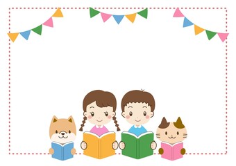 本を読む子供・動物たちとフレーム