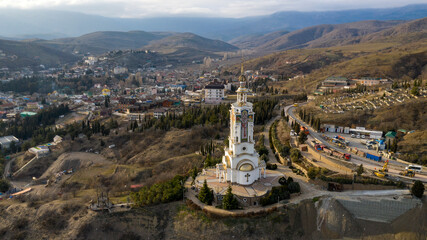 Coast of the Crimea peninsula, rocky mountains, aerial view Temple-lighthouse of St. Nicholas the Wonderworker (Russia, Malorechenskoye)