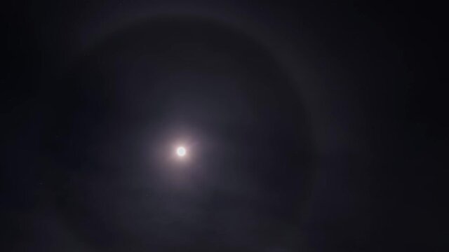 Moon Halo on night sky - glowing light around the moon, timelapse 4k