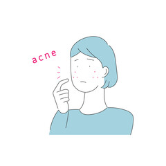 肌トラブル　ニキビで悩む女性のイラスト
