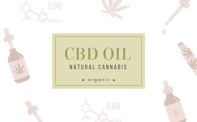 CBD Hemp Oil web banner in organic color on white background with pattern. Cannabis poster with place for text. Bottle with dropper, marijuana leaf, roller. Natural remedy for pain, stress, anxiety.