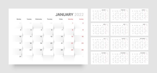 Monthly calendar for 2022 year. Week Starts on Monday.