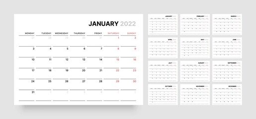Monthly calendar for 2022 year. Week Starts on Monday.