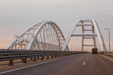 The bridge connecting Russia and the Crimean peninsula. Navigable arch of the Crimean bridge. Arch of the automobile and railway section of the Crimean.