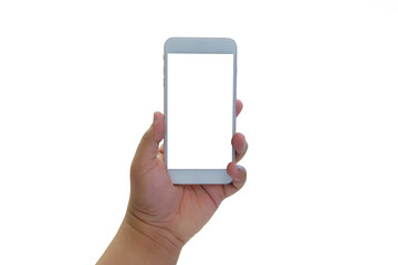 Man hand with honey-colored skin is holding a Mobile phone on a white background. With clipping path