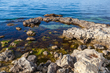 Fototapeta na wymiar View of the Black Sea coast in Crimea, Panoramic seascape, calm azure sea