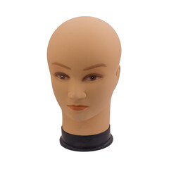 Mannequin full face of head of young white male without hair, isolated on white. Shop concept, sale, design. Fashionable silicone mannequin made of durable material.