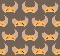 Seamless pattern with cartoon horned viking helmets in a row on dark background. Texture with the ammunition of the ancient warriors of the defenders. Military colorful wallpaper.