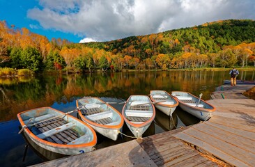 Fall scenery of row boats parking at a wooden dock by Lake Kido Ike & colorful forests on the...