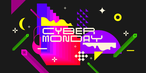 Cyber Monday banner. Modern backgrounds with abstract elements and dynamic shapes. Compositions of colored spots.