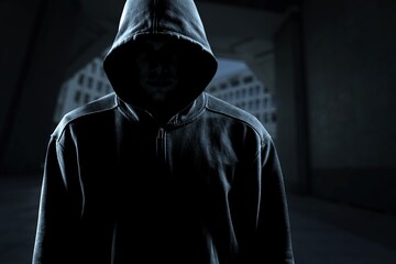 Thief in black clothes on grey city background