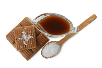 Caramel, salt and sauce isolated on white background