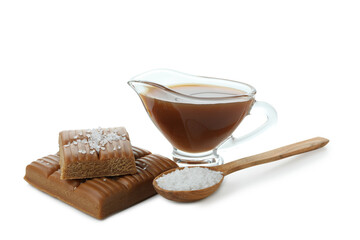 Caramel, salt and sauce isolated on white background