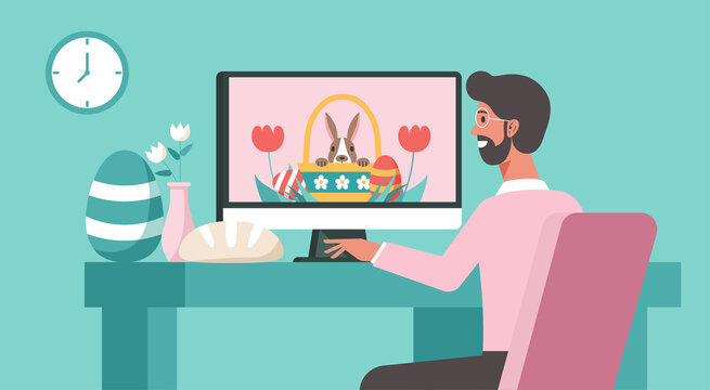 Man using computer on desk with Happy Easter day via online on screen concept, vector flat illustration
