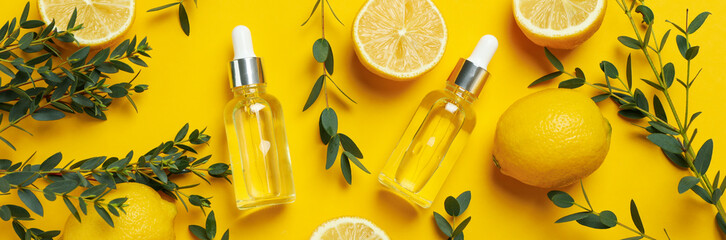Concept of natural cosmetics with lemon oil on yellow background