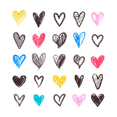Set of simple vector hand drawn hearts in doodle style. Hearts of trend coloring
