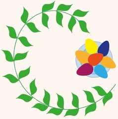 a beautiful branch with green leaves and a dish with colorful Easter eggs isolated on a beige background, a template for a greeting card, an invitation card