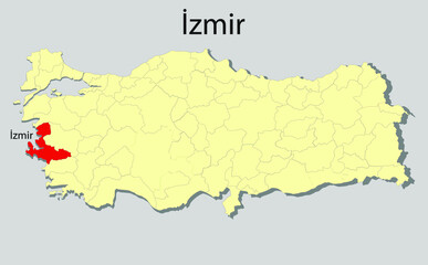 Map of Turkey where İzmir province is pulled out, isolated on white background