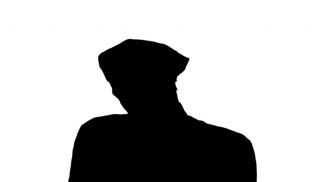 Silhouette Funny mime using imaginary smartphone.