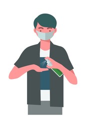 A boy spraying hand sanitizer. Simple flat illustration