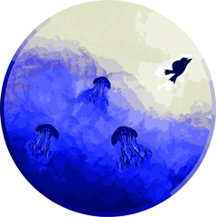 vector illustration of scuba diver under water with jellyfish