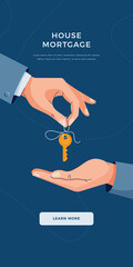 Mortgage concept. Male hands giving keys for property buying. Deal sale, mortgage loan, real estate, dealing house, property purchase concept for banner, web, emailing. Flat design vector illustration