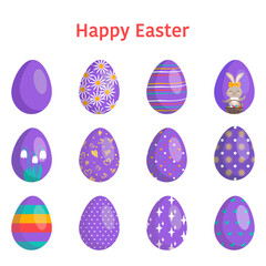 Happy Easter. Collection of eggs with different textures, patterns and festive decorations on a white background. Spring holiday. Vector flat illustration