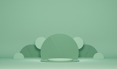 Minimal scene with podium and abstract background. Pastel blue and green colors scene. Trendy 3d render for social media banners, promotion, cosmetic product show. Geometric shapes interior.