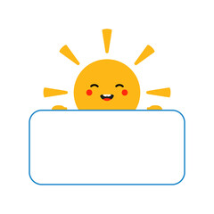 Cute smiling cartoon style yellow sun character holding in hands blank card, banner.