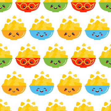 Cute smiling cartoon style nacho chips, tortilla chips in colorful bowls vector seamless pattern background for food, snack design.