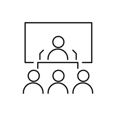 Speaker or conference thin line icon in black. Person behind the pulpit on presentation. Business coach behind the podium sign. Man on the background of a screen or blackboard. Ui, ux. Vector EPS 10