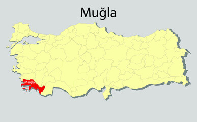 Map of Turkey where Muğla province is pulled out, isolated on white background