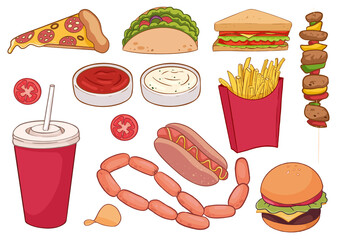 A collection of food items such as pizza, thick sausages, hamburger, kebab, sandwich and more. For restaurants, menus, children's books, can be used as stickers