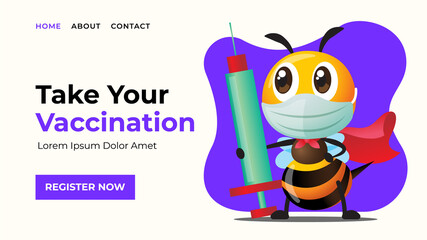 Landing web page template of Vaccination Registration. Modern flat design web banner of Cartoon superhero bee wears surgical mask and holds Syringe with Needle for injection or vaccination