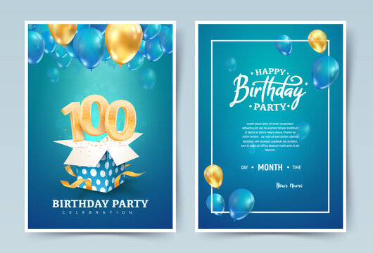 100th years birthday vector invitation double card. One hundred years wedding anniversary celebration brochure. Template of invitational for print on blue background
