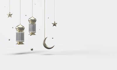 3D Ramadan kareem with gold lights and golden star moon.	
